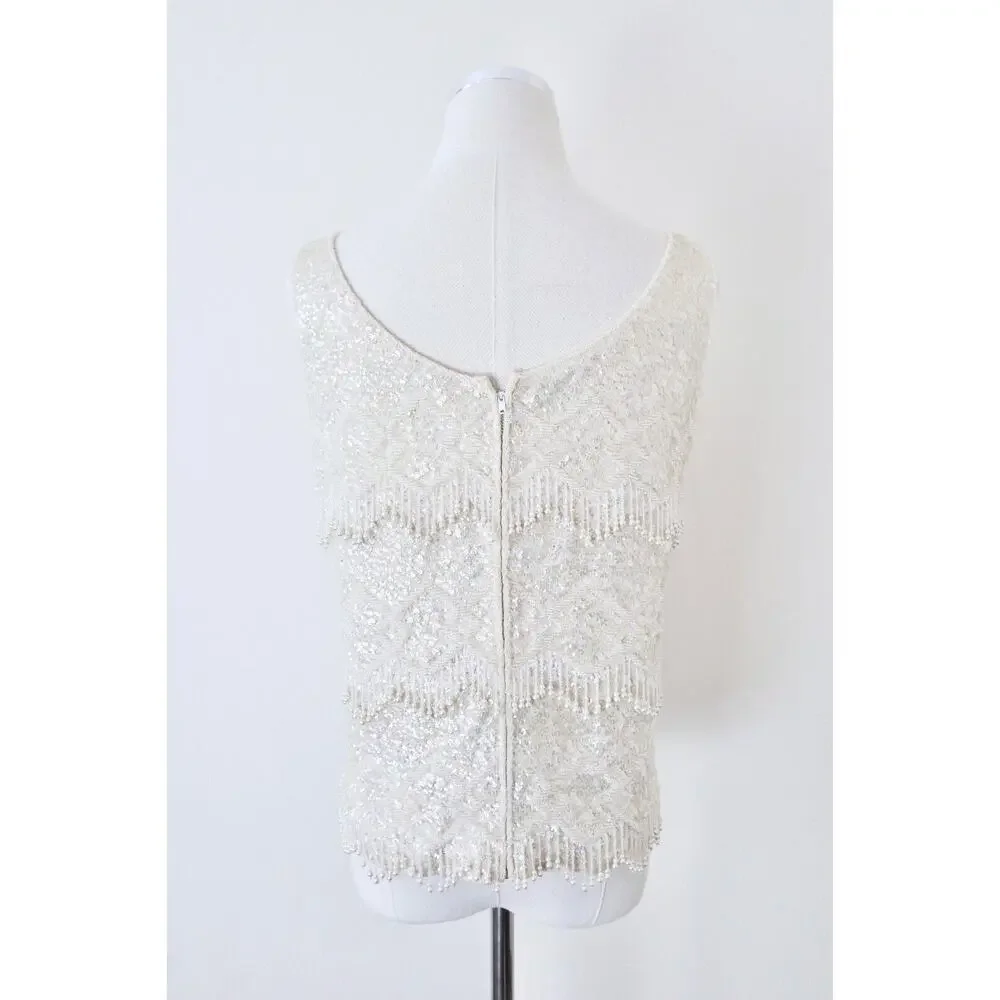Vintage 1960s Mai Ling Beaded Shell Top Made In Hong Kong Sleeveless Cream - Picture 10 of 12